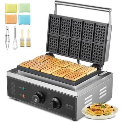 VEVOR Commercieel Wafelijzer 1550W Antiaanbak Wafelijzer van Roestvrij Staal met Temperatuur- en Tijdsregeling, Handvat, voor Restaurant, Bakkerij, Snackbar Familie 10 Rechthoekige Wafels