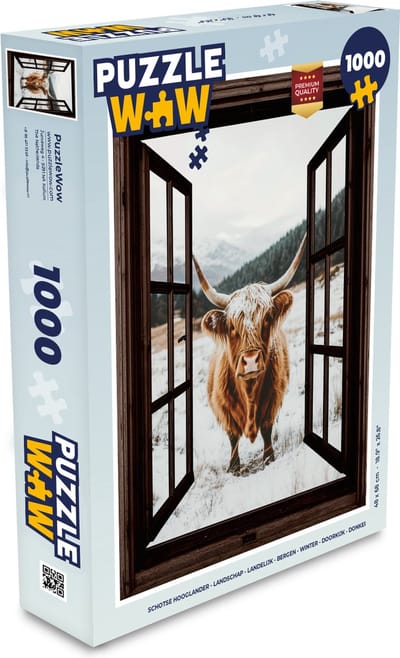 Puzzel Schotse Hooglander - Landschap - Landelijk - Bergen - Winter - Doorkijk - Donker - Legpuzzel - Puzzel 1000 stukjes volwassenen