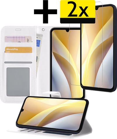 Hoesje - Met 2x Screenprotector - Geschikt voor Samsung Galaxy A15 - Luxe Pasjeshouder - Bookcase Portemonee - Flip Case - Kunstleer Book Case - Flipcase Hoes - Book Cover - Walletcase - Portemonneehoes - Telefoonhoesjes - Wit
