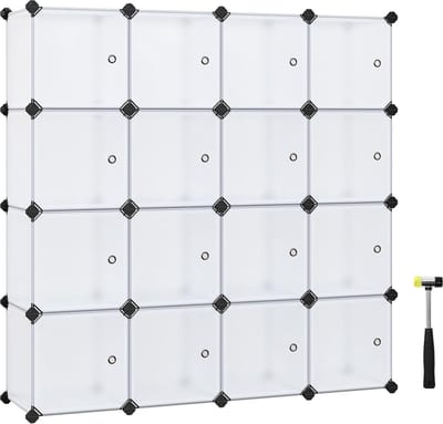 FurnStar - Reksysteem - schoenenrek - set van 16 kubussen - kledingkast van kunststof - met deuren - steekrek - opslag van kleding - schoenen en boeken - eenvoudige montage - wit