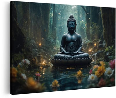 Artaza Canvas Schilderij Boeddha Beeld - Zen In Sfeervolle Natuur - 120x80 cm - Groot - Wanddecoratie Woonkamer - Schilderijen - Muurdecoratie