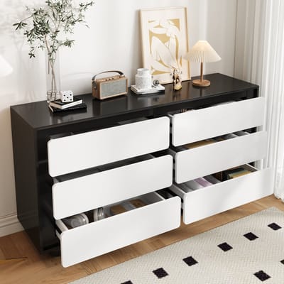 DESMIU Dressoir - Modern Opbergmeubel Met Zes Laden - Voor Woonkamer Slaapkamer En Hal - Spaanplaat - 140x38x74,5 Cm - Wit Zwart