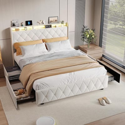Gestoffeerd Bed - Opbergbed Tweepersoons - Comfortabel Slapen - Hoofdeinde Met Opbergruimte - 140 x 200 cm - Beige