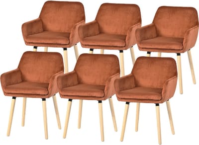 Meubles Cosy Eetkamerstoel - Set Van 6 Fluweel Ribstof Houten Poten Scandinavisch Design - Baksteenrood