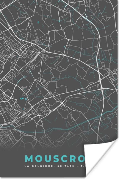 Poster Kaart – Plattegrond – Stadskaart – Mouscron – België - Grijs - 120x180 cm XXL