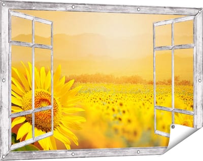 Gards Tuinposter Doorkijk Zonnebloemen Veld met Zonopkomst - 120x80 cm - Tuindoek - Tuindecoratie - Wanddecoratie buiten - Tuinschilderij