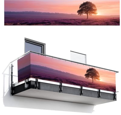 Balkonscherm 500x110 cm - Balkonposter Boom - Heide - Zonsopgang - Balkon scherm decoratie - Balkonschermen - Balkondoek zonnescherm