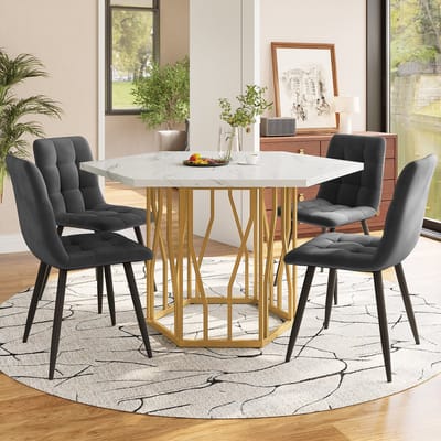 Eettafel en stoelen set - 5-delig - moderne zeshoekige eettafel - wit tafelblad en gouden tafelpoten - 4 grijze eetstoelen