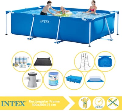 Intex Rechthoekig Frame Zwembad - 300 x 200 x 75 cm - Blauw - Inclusief Solarzeil - Onderhoudspakket - Zwembadfilterpomp - Filter - Grondzeil - Solar Mat - Ladder - Voetenbad - 9-delig