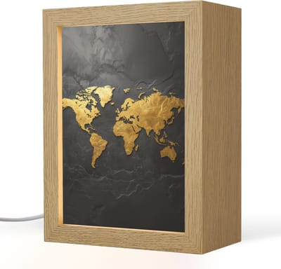 Tafellamp 15x20 cm - LED lamp - Wereldkaart - Goud - Steen - Decoratieve tafellampen - Dimbaar - Tafellampje slaapkamer - Woonkamer binnen