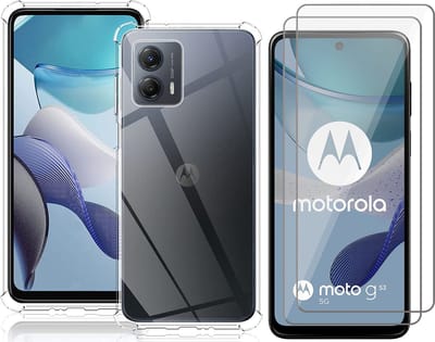 Hoesje geschikt voor Motorola Moto G53 - 2x Screen Protector GlassGuard - Back Cover Case ShockGuard Transparant & Screenprotector