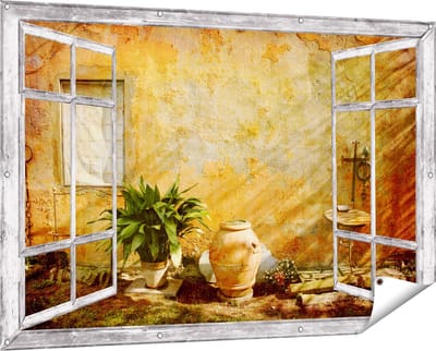 Gards Tuinposter Doorkijk Oude Stenen Muur - 150x100 cm - Tuindoek - Tuindecoratie - Wanddecoratie buiten - Tuinschilderij