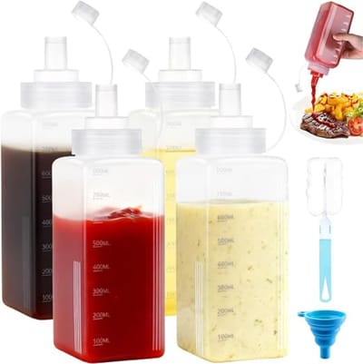 Verte Squeeze Bottle - Knijpflessen voor Sauzen - Plastic Knijpflessen - Knijpfles - Dispenser voor Olie - Ketchup - Saus - Saladedressing en Honing - 4 Stuks - 800 mL