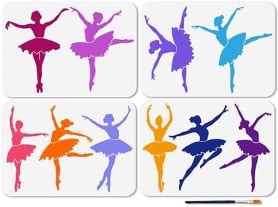 NTH products- Ballerinasjablonen 4 stuks - Herbruikbare Schildersjablonen - Kunststof - Balletdanser Silhouetten - Flexibel en Duurzaam - Inclusief Kunstpenseel - Schildersjabloon