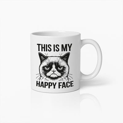 Grappige Chagrijnige Kat Mok – “Dit is Mijn Blije Gezicht” Tekst – Sarcastische Koffiebeker voor Kattenliefhebbers, Kantoorhumor & Mood Cadeaus