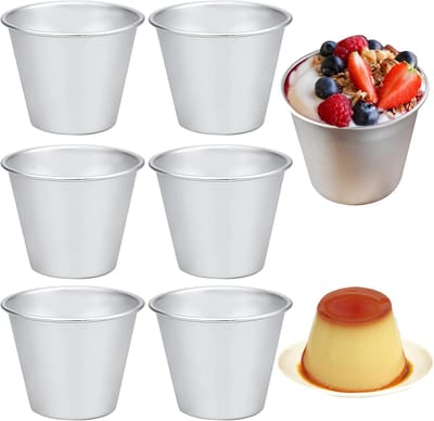 6-stuks Puddingvormen - Cupcakevormen - Soufflévormen met antiaanbaklaag - Aluminium bakvormpjes - 7,4 x 4,7 x 5,7 cm - Hittebestendig - Gemakkelijk te ontvormen - Geschikt voor het bakken van muffins, cupcakes, puddingen, cakes, enz. - Zilver