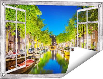 Gards Tuinposter Doorkijk Amsterdamse Gracht in de Nacht - 60x40 cm - Tuindoek - Tuindecoratie - Wanddecoratie buiten - Tuinschilderij