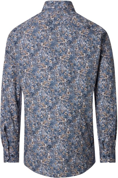 VENTI modern fit overhemd - popeline - blauw - beige en wit bloemen dessin - Strijkvrij - Boordmaat: 40