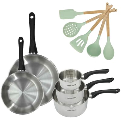 Set van 2 Koekenpannen 24/28cm en 3 Kookpannen 12/16/20cm Fackelmann Genève met 5 keukengerei