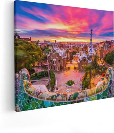 Artaza Canvas Schilderij Park Güell - 50x40 cm - Wanddecoratie Mozaiek - Muurdecoratie Zonsondergang - Kamer Accessoires Stad