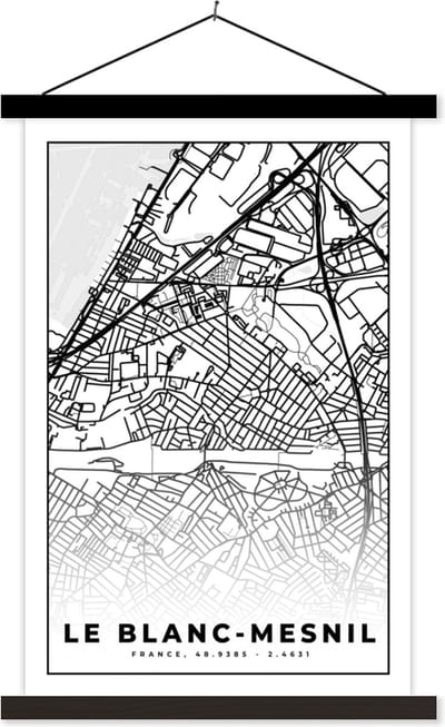 Posterhanger incl. Poster 40x60 cm - Schoolplaat - Plattegrond - Kaart - Frankrijk - Stadskaart - Le Blanc-Mesnil - Zwart wit - Textielposter - Zwarte latten - Stadskaart