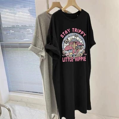 Zomer Losse Koreaanse Versie Puur Katoen T-shirt Dames Grote Maat Lange Casual Rok Retro Top M gray