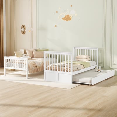 MEUNIQ stapelbed 90x200 cm met uitschuifbed, trap en hoge uitvalbeveiliging, afneembaar onderbed, wit, voor kinderkamer of logeerkamer