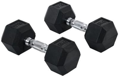 Zeshoekige dumbbells 2‑Set, gietijzeren gewichten met geribbelde handgreep, rubber bekleed zwart, 2 x 8 kg