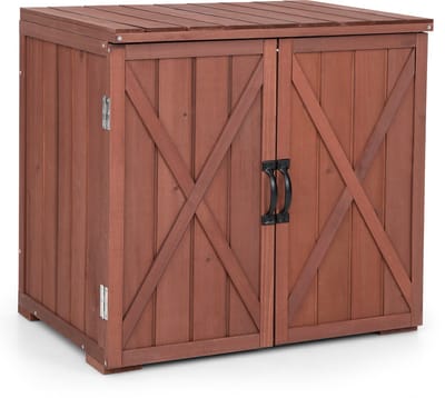 COSTWAY Tuinkast van hout, buitenkast, 77 x 56 x 72 cm, gereedschapskast met dubbele deuren en handgrepen, gereedschapsschuur voor tuin, balkonkast, terraskast, bruin
