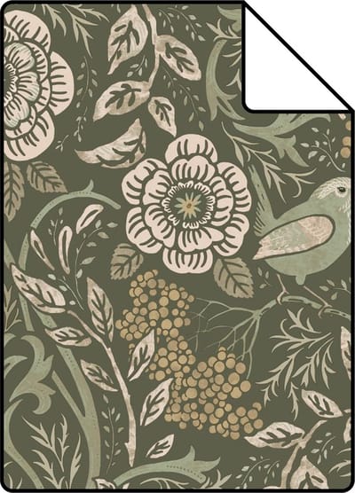 Proefstaal ESTAhome behang bloemen en vogels donkergroen - 26.5 x 21 cm - 139831-S