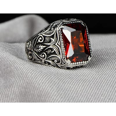 Vintage handgemaakte Turkse zegelring voor mannen vrouwen oude zilveren kleur gesneden ring rood geel zirkoon inleg punk motorbiker 13