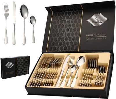 Dailygoods - Bestekset van roestvrij staal met geschenkdoos, 24-delig, bestekset voor 6 personen, met lepel, mes en vork, spiegelpolijstproces, vaatwasmachinebestendig, voor thuis, feest, restaurant