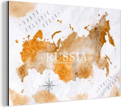 Aluminium schilderij 150x100 cm - Wanddecoratie metaal - Rusland - Wereldkaart - Goud - Metalen muurdecoratie woonkamer - Decoratie industrieel - Foto op dibond - Industriële accessoires slaapkamer