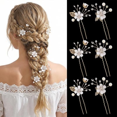 Haaraccessoires voor bruiloften, U-vormige parelhaarspelden met bloemen en parels voor bruiden en bruidsmeisjes, goud-wit