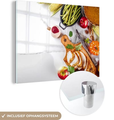 MuchoWow® Glasschilderij 120x90 cm - Schilderij acrylglas - Groente - Vlees - Keuken - Kruiden - Foto op glas - Schilderijen