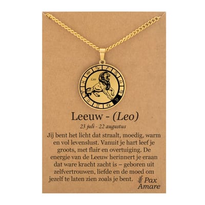 Sterrenbeeld Leeuw (Leo) Ketting op Cadeau Kaartje - Goudkleurig - Roestvrij Staal Zodiac Talisman - Stainless Steel - 60cm - Pax Amare
