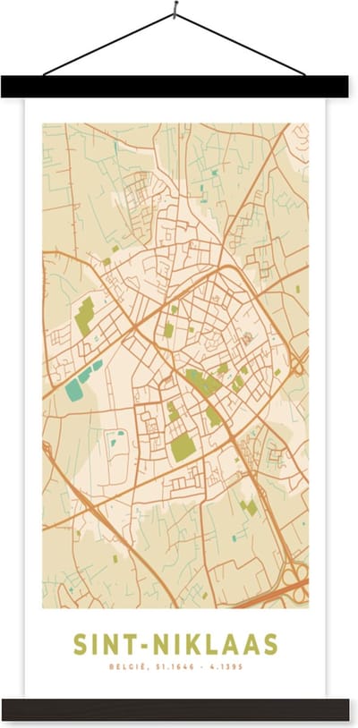 Posterhanger incl. Poster 40x80 cm - Schoolplaat - Plattegrond - Retro - Stadskaart - Sint-Niklaas - Kaart - Textielposter - Zwarte latten - Stadskaart
