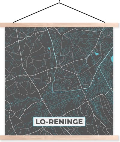 Posterhanger incl. Poster 40x40 cm - Schoolplaat - Kaart – Plattegrond – Stadskaart – Lo Reninge – België - Grijs - Textielposter - Blanke latten - Stadskaart
