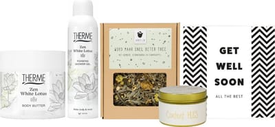 Therme Cadeauset Zen White Lotus Beterschap Thee & Chocolade - Therme Shower Foaming 200 ml Zen White - Therme Bodybutter 225 gr Zen White Lotus - ARELO Word maar snel beter thee