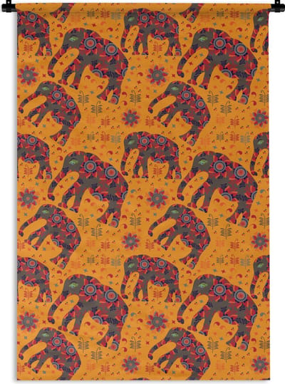 Wandkleed - Wanddoek - Olifant - Ornament - Bloemen - Patroon - 120x180 cm - Wandtapijt