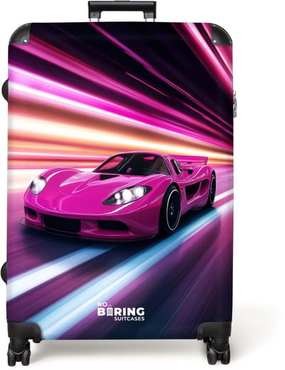 NoBoringSuitcases.com® - Koffer groot - Reiskoffer lichtgewicht - Roze raceauto flitst door neonlicht - Rolkoffer met 4 wielen - Grote trolley XL - 98 liter bagage