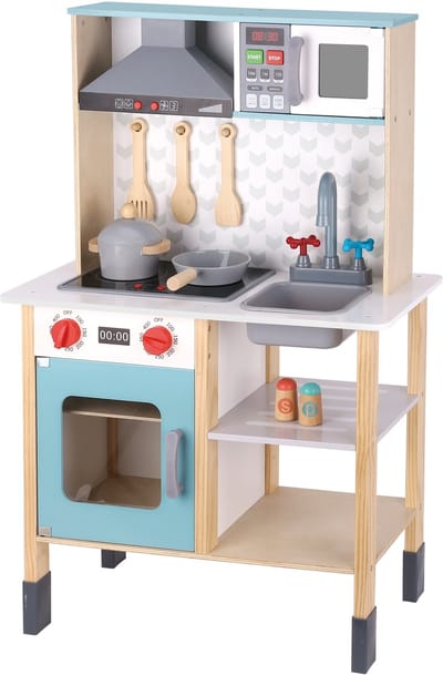 Houten Speelkeuken – Compleet met Accessoires | Kinderen Keuken Speelgoed | Krijtbord aan Zijkant |– Oven, Kookplaat, Wasbak & Magnetron | Mét Licht & Geluid | 11-delig | Stevig & Modern Design