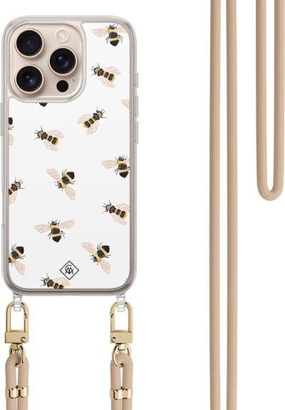 Casimoda® hoesje met koord - Geschikt voor iPhone 16 Pro Max - Bee Happy - Afneembaar koord - TPU/polycarbonaat - Zwart