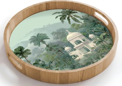Dienblad rond 40x40 cm - Schootdienblad hout - Tropische tuin - Koepelgebouw - Bloemen - Borrelplank rechthoek - Plateau houten dienbladen