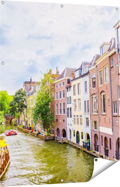 Gards Tuinposter Huizen aan de Oudegracht in Utrecht - 90x120 cm - Tuindoek - Tuindecoratie - Wanddecoratie buiten - Tuinschilderij