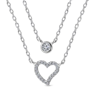 Juwelier Emo - Hart Ketting Fantasie Dubbel met grove Zirkonia steen – Zilver 925 - 40 + 5 CM