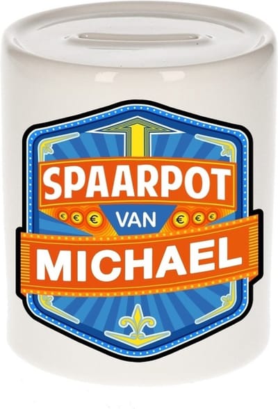 Bellatio Decorations Kinder spaarpot met naam - Michael - keramiek - met dop - wit - Sparen - Spaargeld van Michael