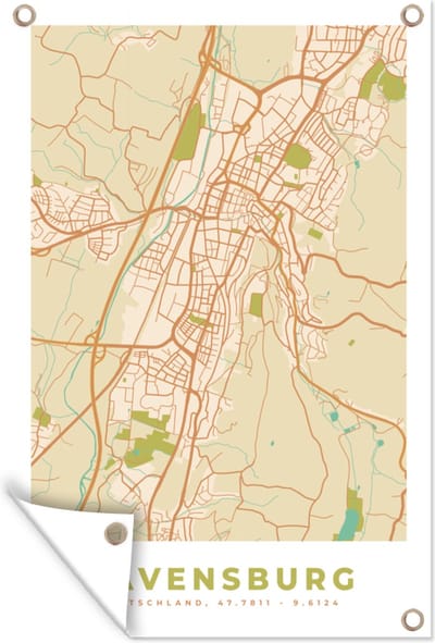 Muurdecoratie Ravensburg - Stadskaart - Plattegrond - Vintage - Kaart - 120x180 cm - Tuinposter - Tuindoek