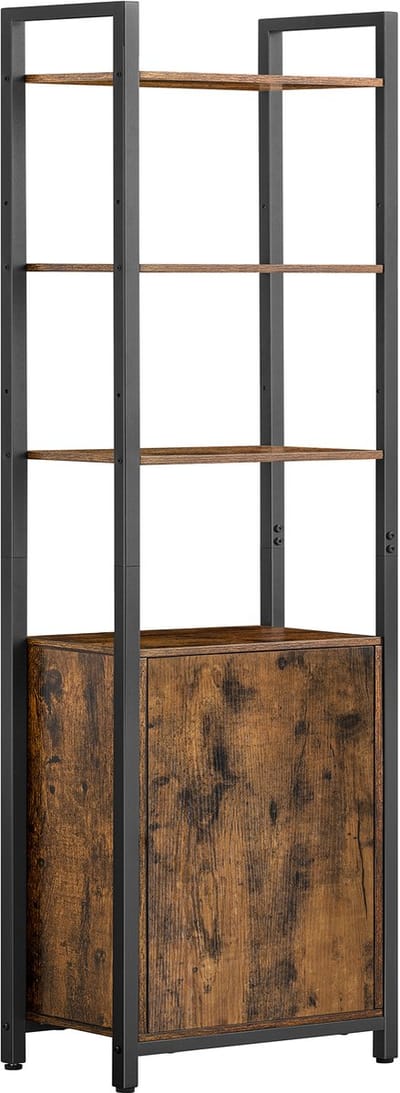 Opbergkast, vitrinekast, boekenkast met verstelbare planken, 4 open lagen en 1 verborgen opbergruimte, stevig en duurzaam metalen frame, geschikt voor woonkamer, studeerkamer en slaapkamer, 24 x 40 x 159,5 cm, bruin+zwart.