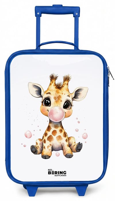 NoBoringSuitcases.com® - Kinderkoffer blauw - Kindertrolley jongen - Giraffe met roze kauwgombal - Koffer kind lichtgewicht - Reiskoffer trolley voor kinderen - Koffertje met lichtgevende wieltjes - Rolkoffer